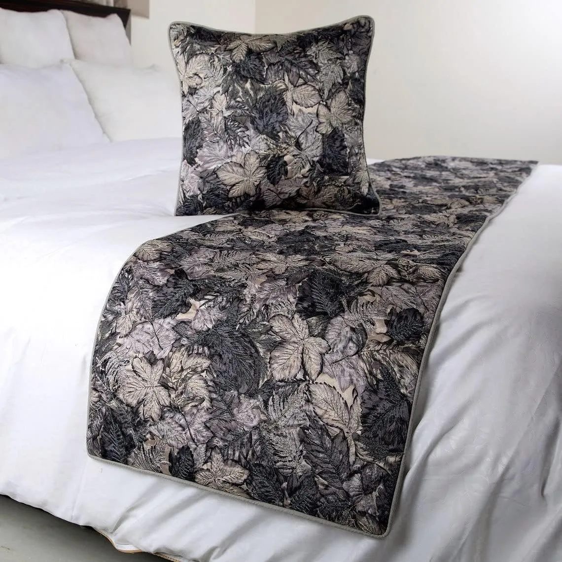 The HomeCentric Decorative Designer Handmade Bed Runner Without Pillow Cover, 90 x 18 Inch Quilted Leaf Designer King Size Bed Scarf in Satin and Embroidery Bed Linen Foot Warmer Home - Grey Maple