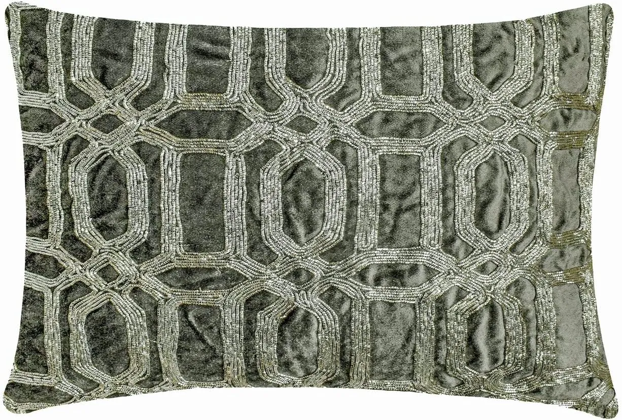 The HomeCentric Decorative Grey Pack of 2,12"x24" (30x60 cm) Lumbar Pillow Cover, Velvet Zardozi Embroidery & Handmade Oblong Pillow, Geometric Pattern Modern Style - Celebration