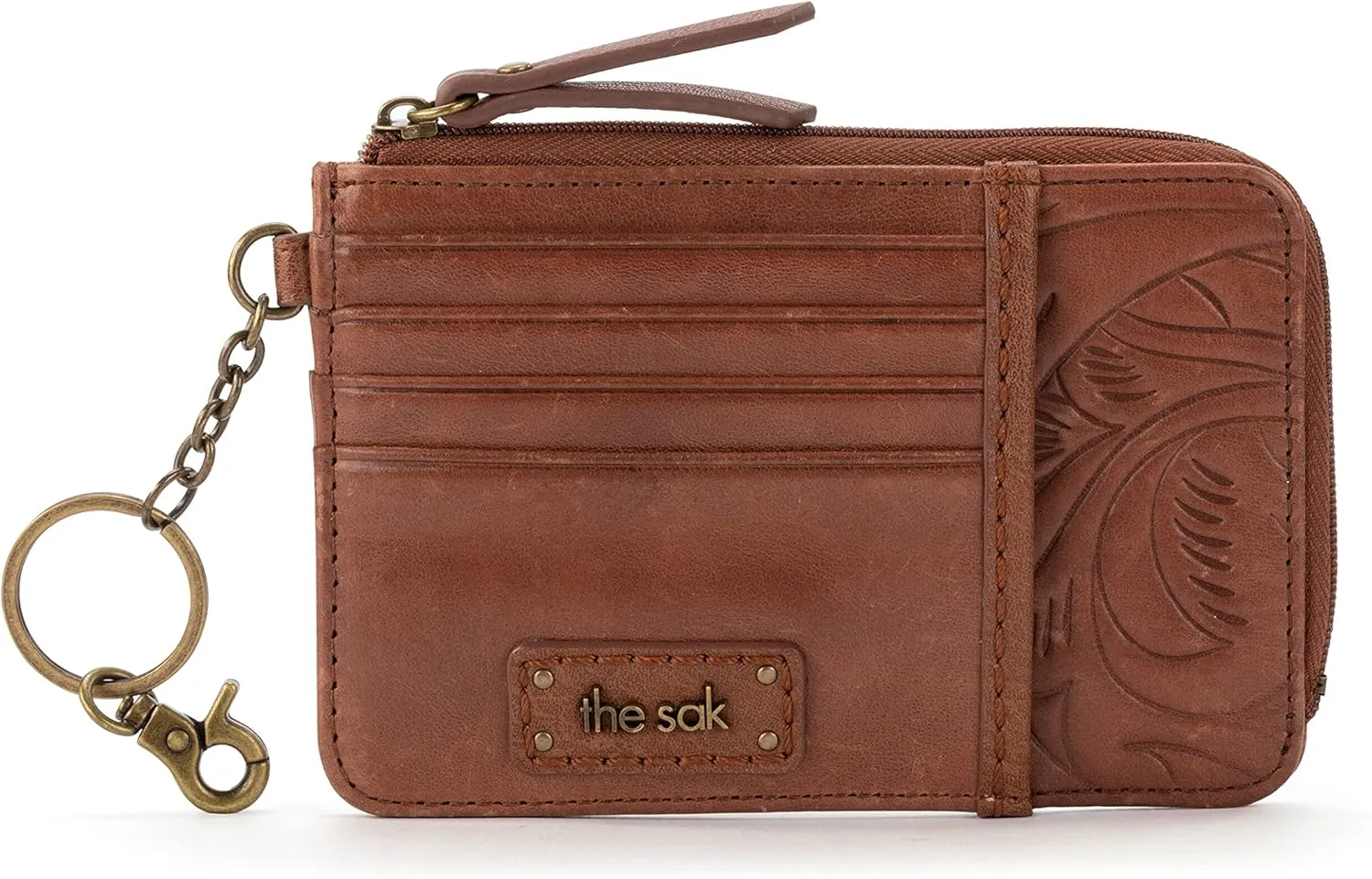 The Sak Iris Wallet in Leather, Elevated Card Holder with Keychain, Teak Leaf Embossed