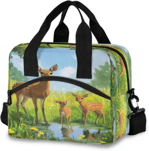 Three Deer Small Puddle Grass Lunch Box for Men Women Adults Insulated Lunch Bag Cooler Bag with Adjustable Shoulder Strap for Work Picnic Travel