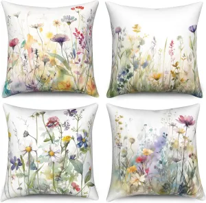 Throw Pillow Covers, Colorful Floral Decorative Velvet Pillow Case, Flower 4-Pack Double-Side Printed Pillowcases for Sofa Home Living Room,Beige, 18x18 in