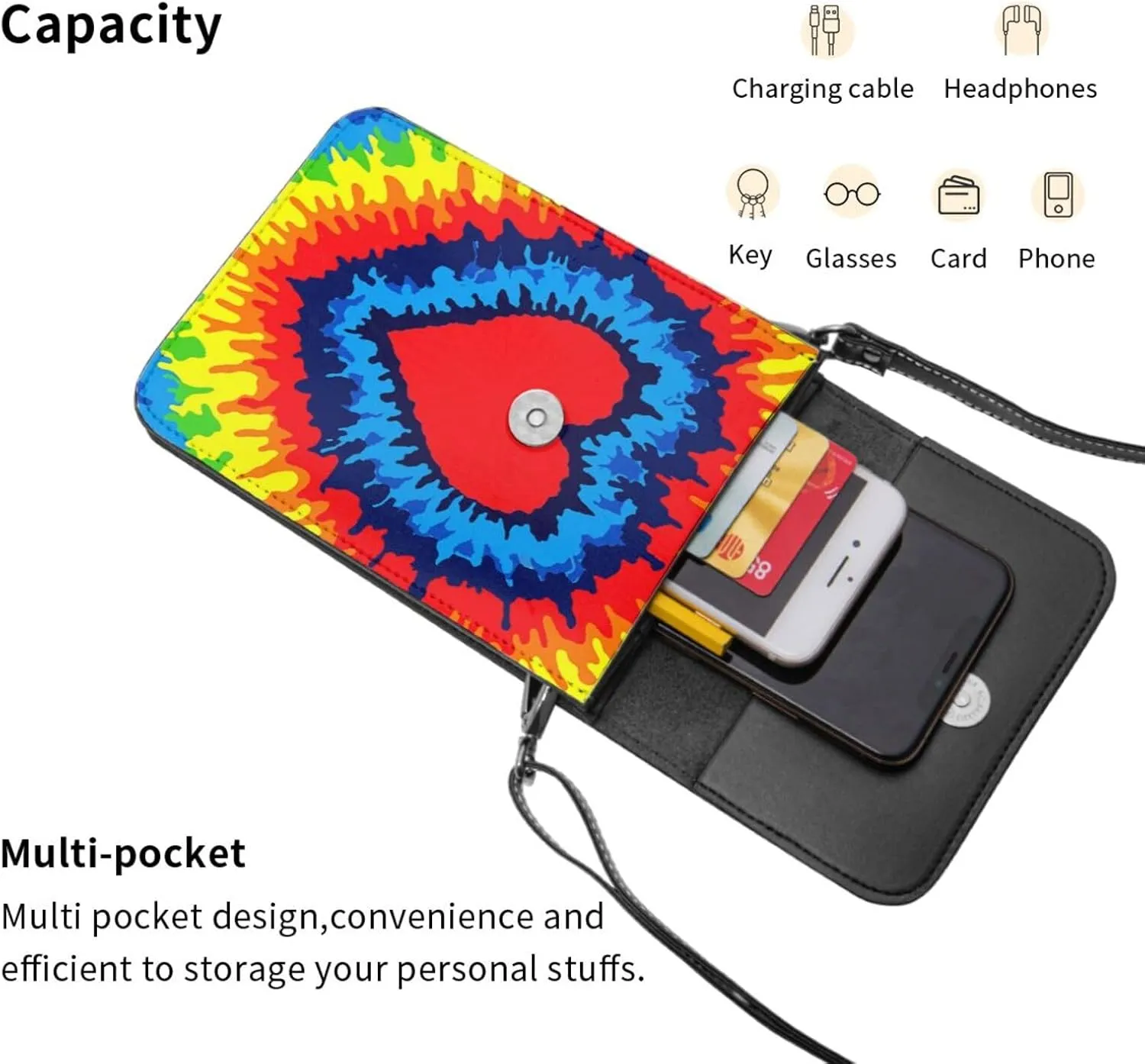 Tie Dye Colorful heart Leather Crossbody Cell Phone Purse Small Wallet Bags Adjustable Phone Bag for Women