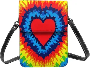 Tie Dye Colorful heart Leather Crossbody Cell Phone Purse Small Wallet Bags Adjustable Phone Bag for Women