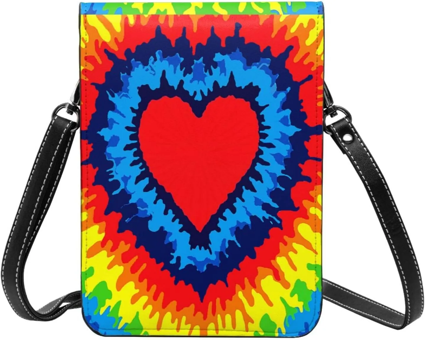 Tie Dye Colorful heart Leather Crossbody Cell Phone Purse Small Wallet Bags Adjustable Phone Bag for Women