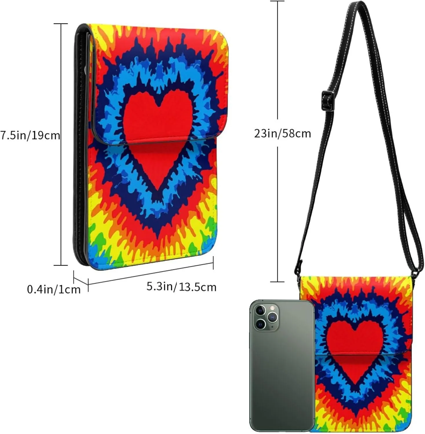 Tie Dye Colorful heart Leather Crossbody Cell Phone Purse Small Wallet Bags Adjustable Phone Bag for Women