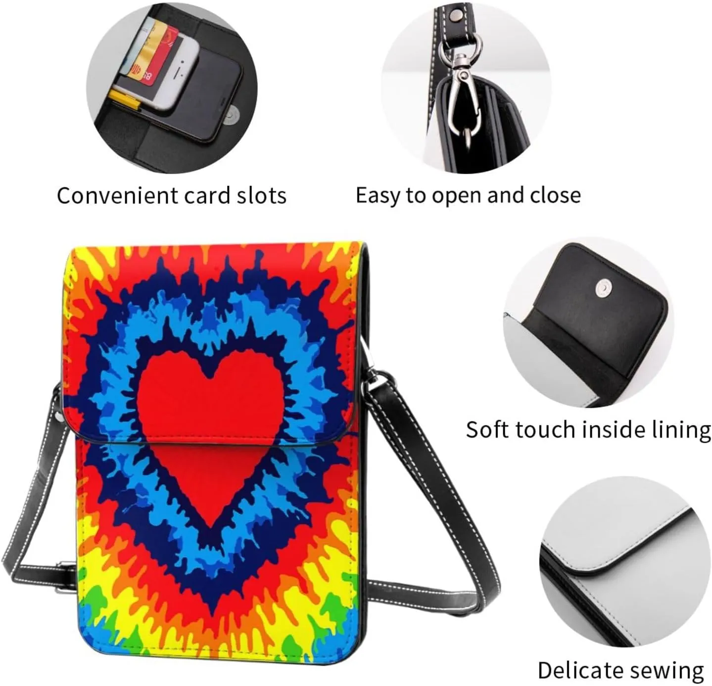 Tie Dye Colorful heart Leather Crossbody Cell Phone Purse Small Wallet Bags Adjustable Phone Bag for Women