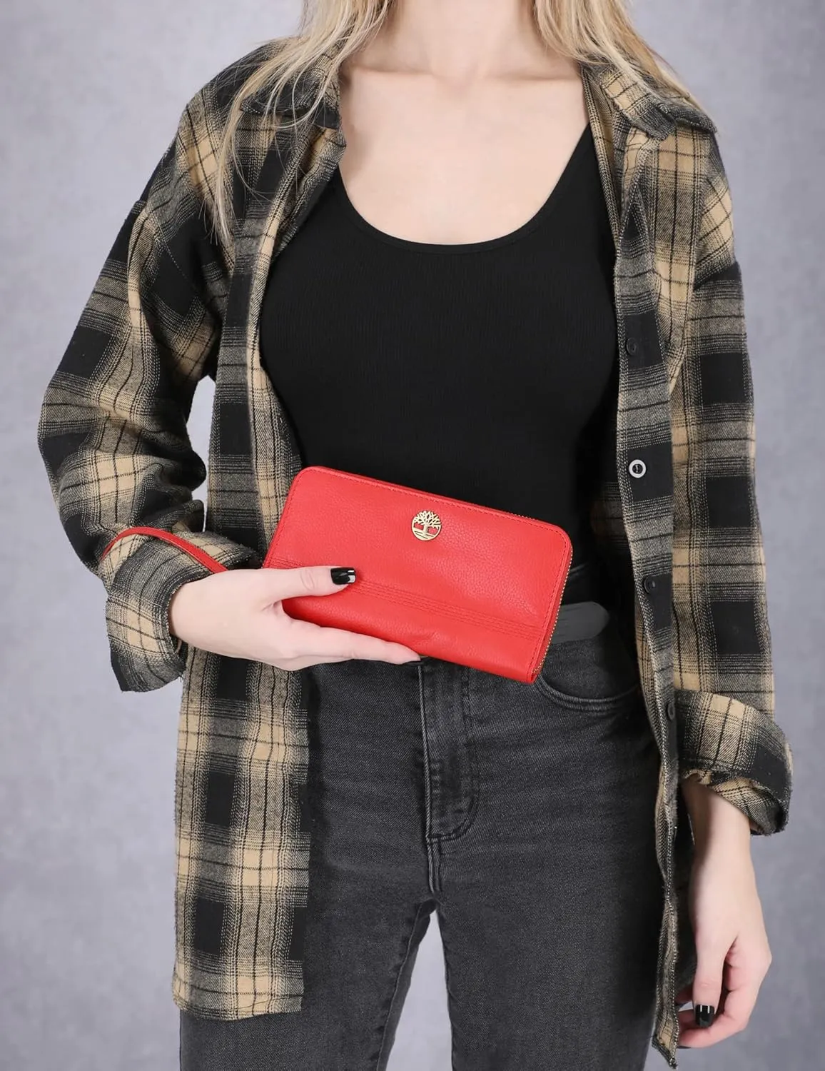 Timberland Leather RFID Flap Wallet Clutch Organizer, Cherry (Pebble)