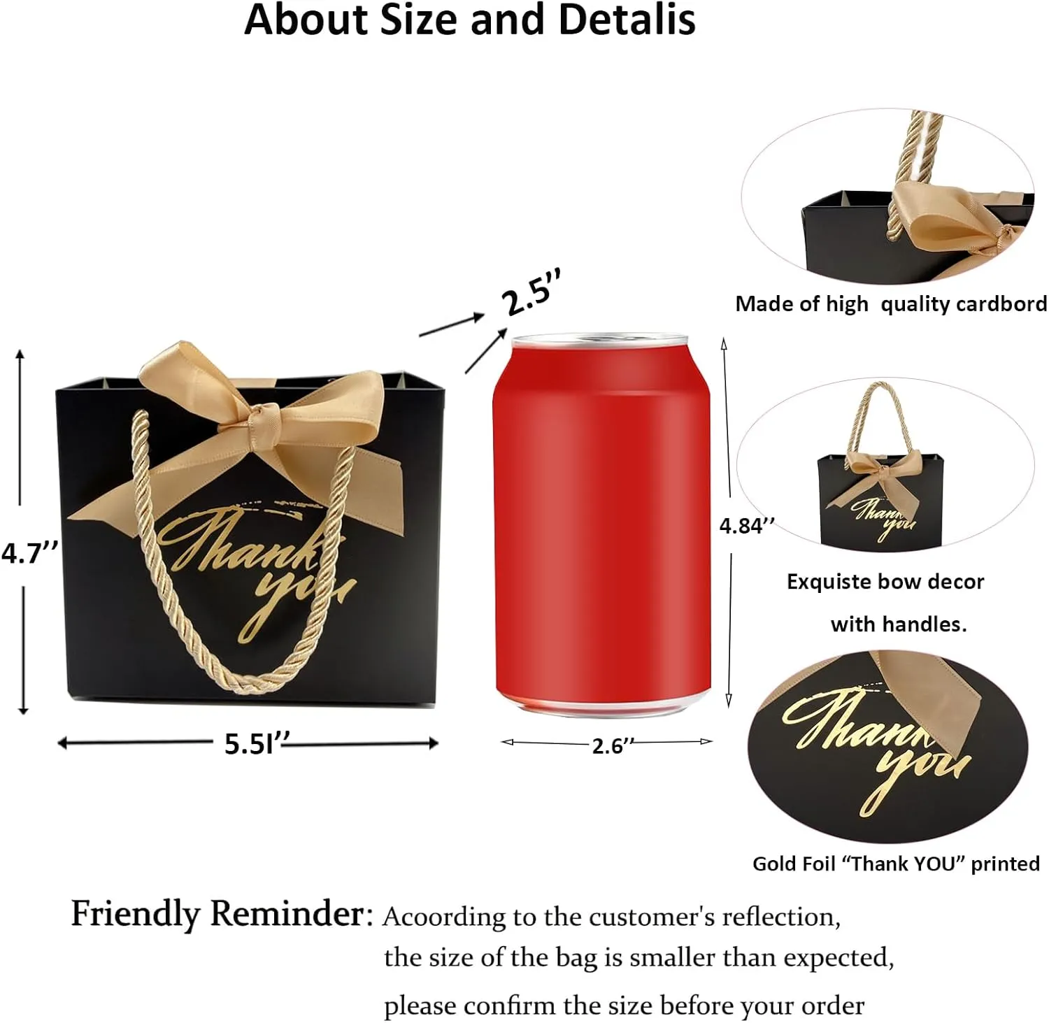 TKSBAG 50 Pack Small Thank You Gift Bags With Handles-5.5''x 2.5''x4.7'' Mini Black Gift Bags Bulk for Baby Shower, Birthday, Wedding
