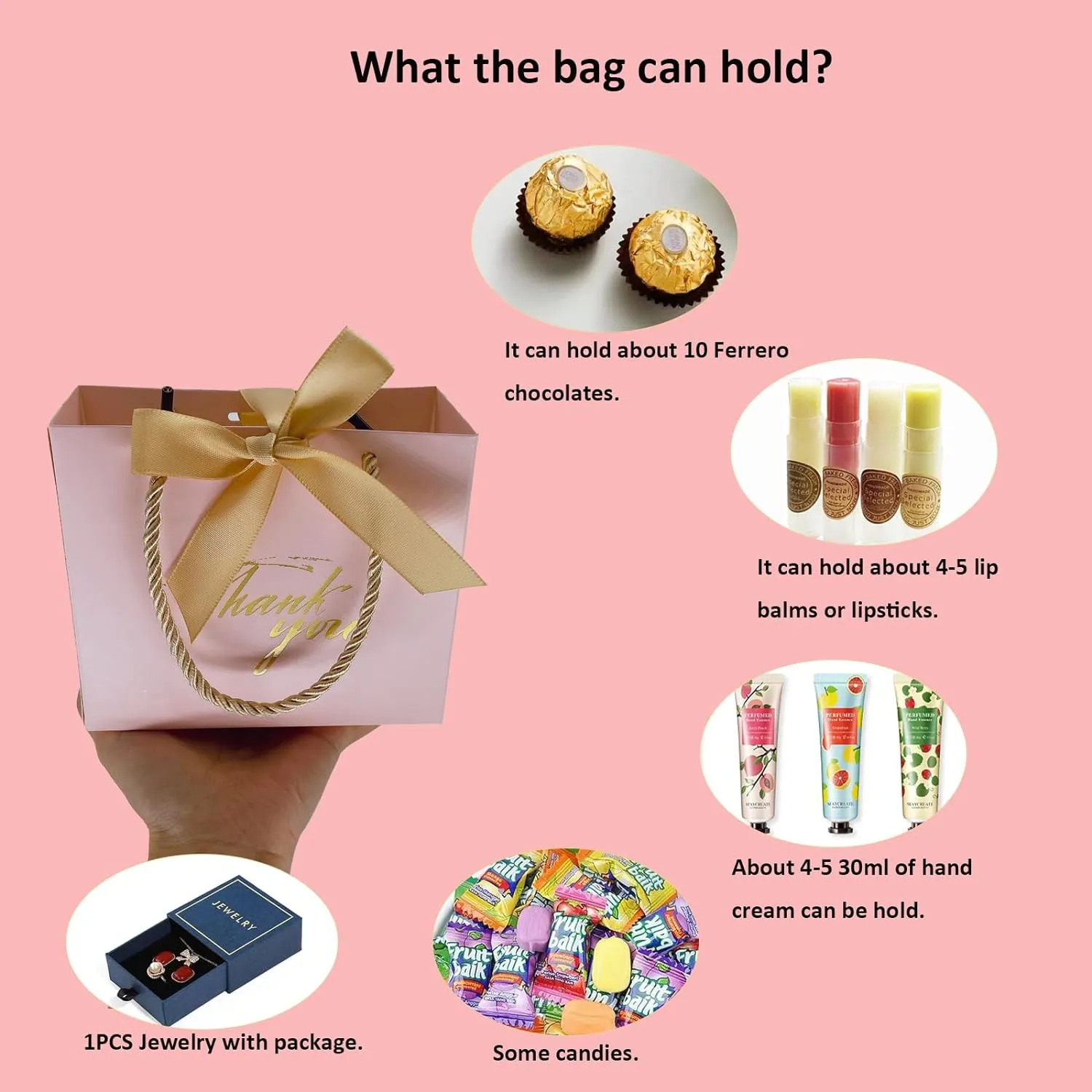 TKSBAG 50Pack Small Thank You Gift Bags With Handles-5.5''x 2.5''x4.7'' Mini Pink Gift Bags Bulk for Baby Shower, Birthday, Wedding, Party Favors, Mother's Day