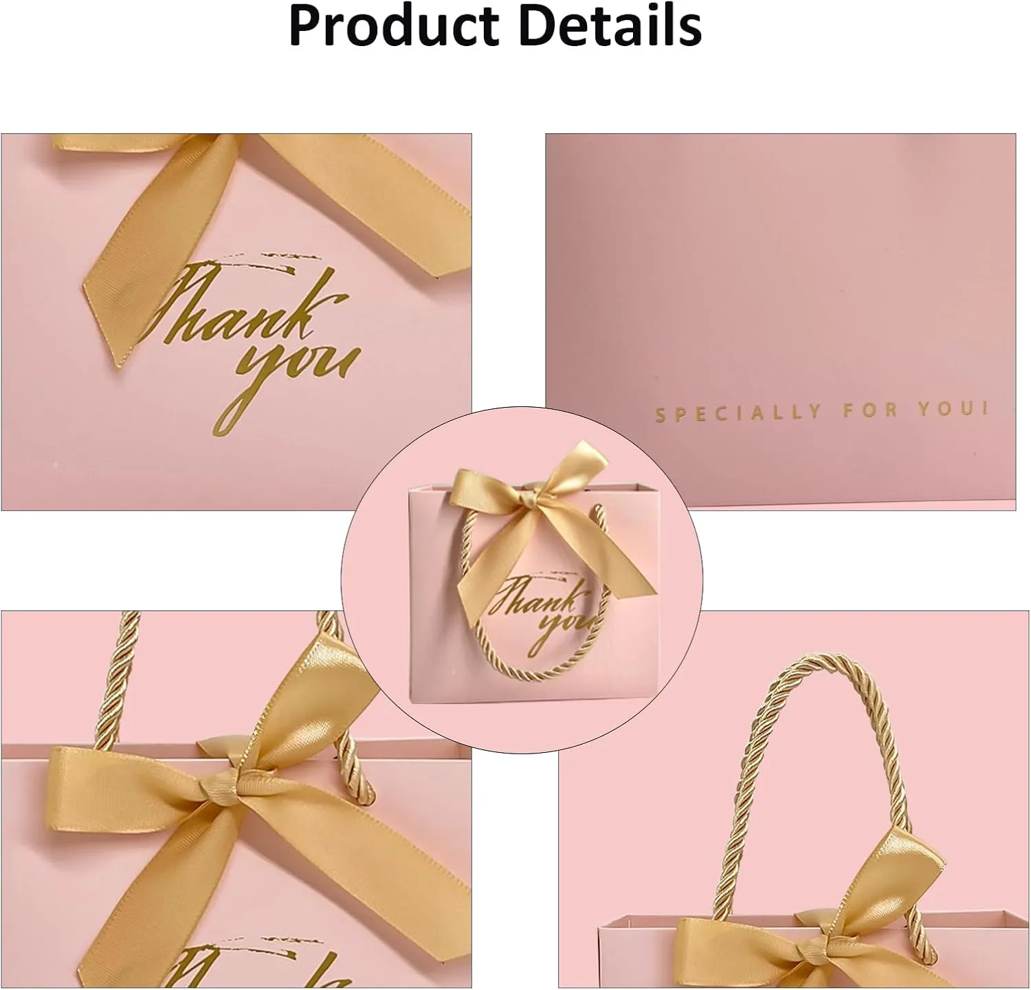 TKSBAG 50Pack Small Thank You Gift Bags With Handles-5.5''x 2.5''x4.7'' Mini Pink Gift Bags Bulk for Baby Shower, Birthday, Wedding, Party Favors, Mother's Day