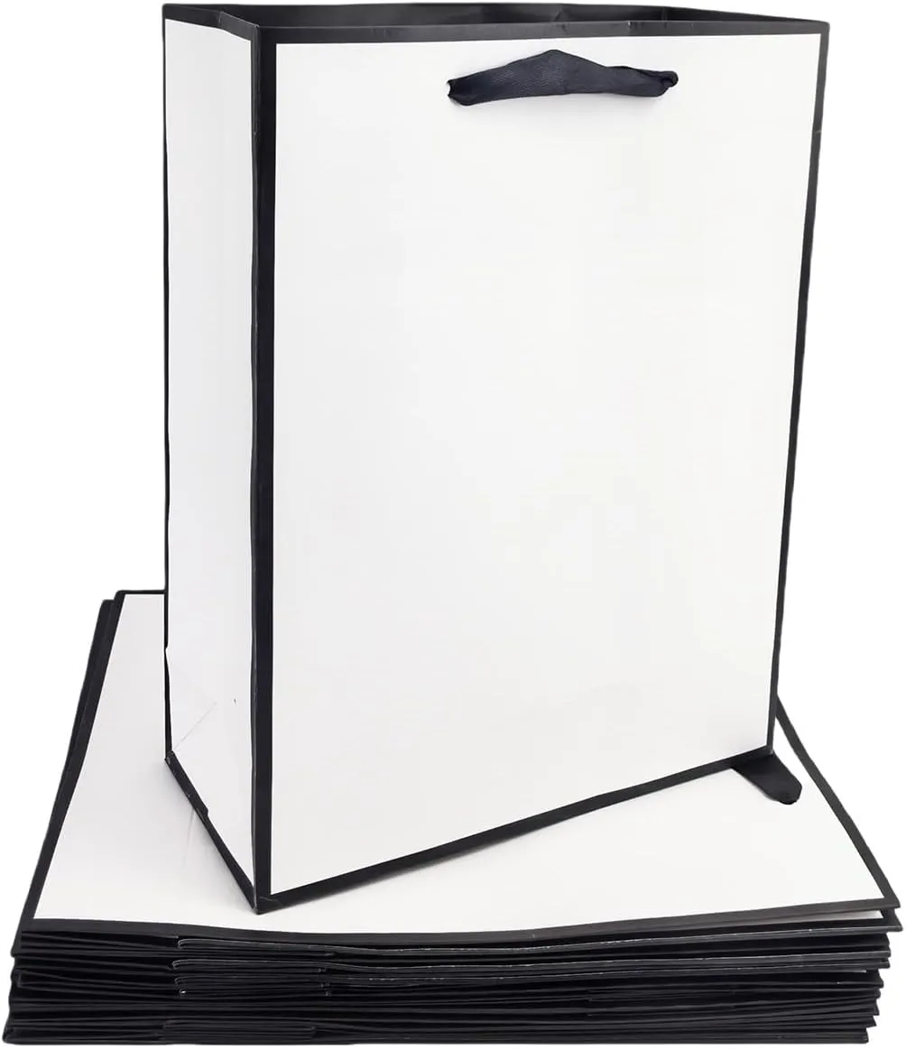 TKSBAG Gift Bags with Handles, 12 Pack 11.3 x 8.6 x 3.9 Gift Bags Medium size, White Black Thank You Bags for Wedding, Birthday, Bridal shower, bridesmaid, Groomsmen, Mother's Day