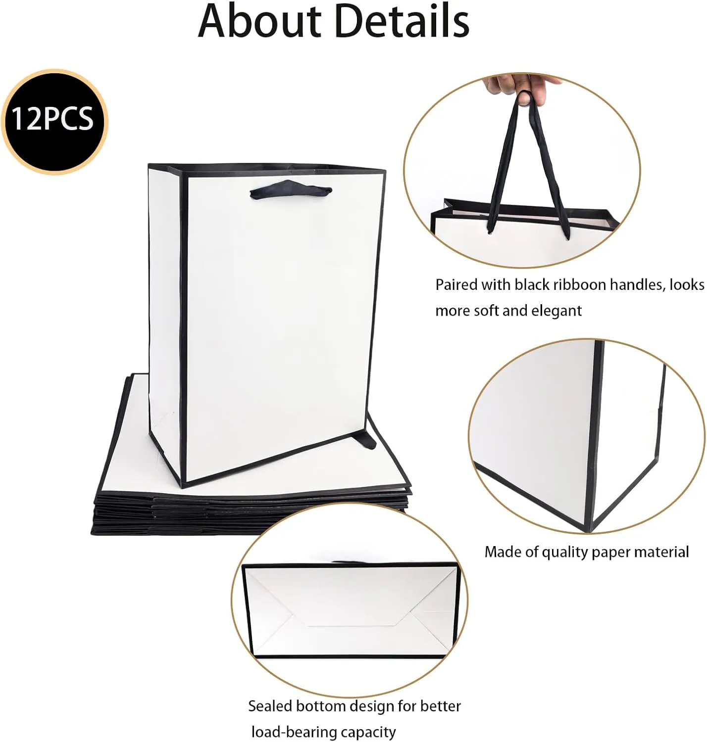 TKSBAG Gift Bags with Handles, 12 Pack 11.3 x 8.6 x 3.9 Gift Bags Medium size, White Black Thank You Bags for Wedding, Birthday, Bridal shower, bridesmaid, Groomsmen, Mother's Day
