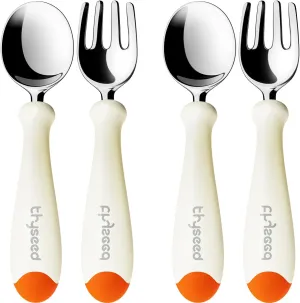 Toddler Utensils Fork Spoon Set Kids Self Feeding Flatware with Case Stainless Steel Orange 2 Pack