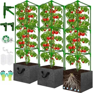 Tomato Cages for Garden with Grow Bags, 3 Pack Tomato Cage Trellis, Garden Cage Heavy Duty Tomato Stake Support, Plant Cage for Pots Plants Vegetables
