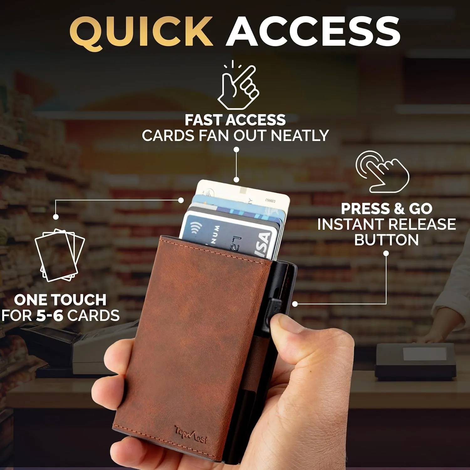TopMost Genuine Leather Pop Up Wallet for Men, Credit Card Holder, RFID Blocking Ridge Wallets for Men with ID Window, Slim, Minimalist, 5-9 Card Capacity & Cash Slot, Brown