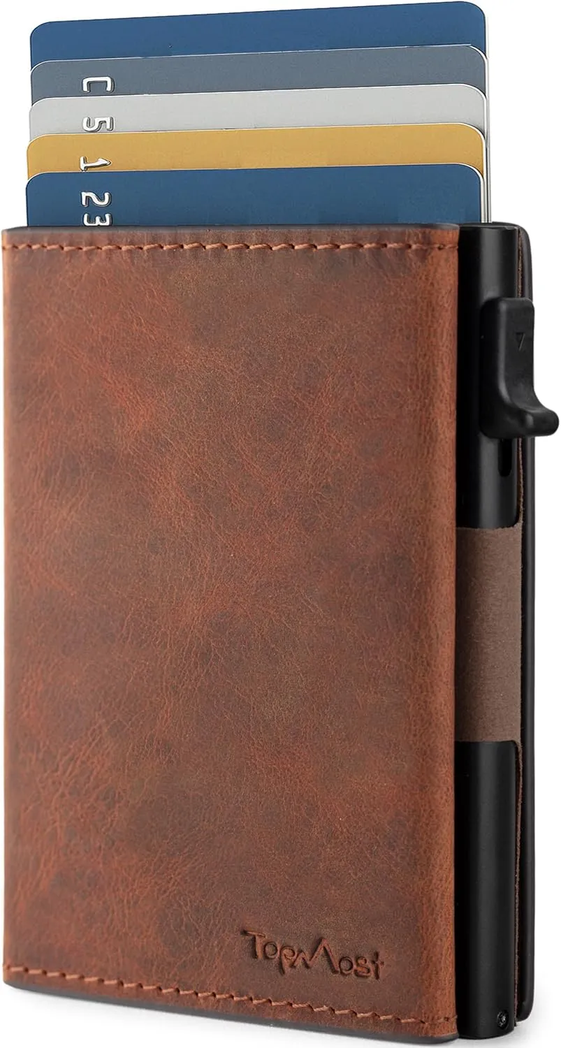 TopMost Genuine Leather Pop Up Wallet for Men, Credit Card Holder, RFID Blocking Ridge Wallets for Men with ID Window, Slim, Minimalist, 5-9 Card Capacity & Cash Slot, Brown