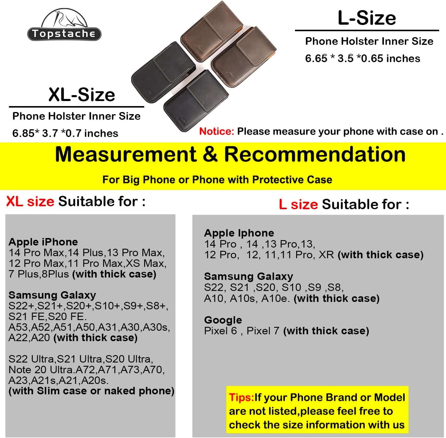 Topstache Leather Phone Holster with Belt Clip,Flip Cell Phone Pouch for iPhone 14/13 Pro,S23,S22,Note 10 Belt Clip Phone Case,Universal Smartphone Sheath,L,Black