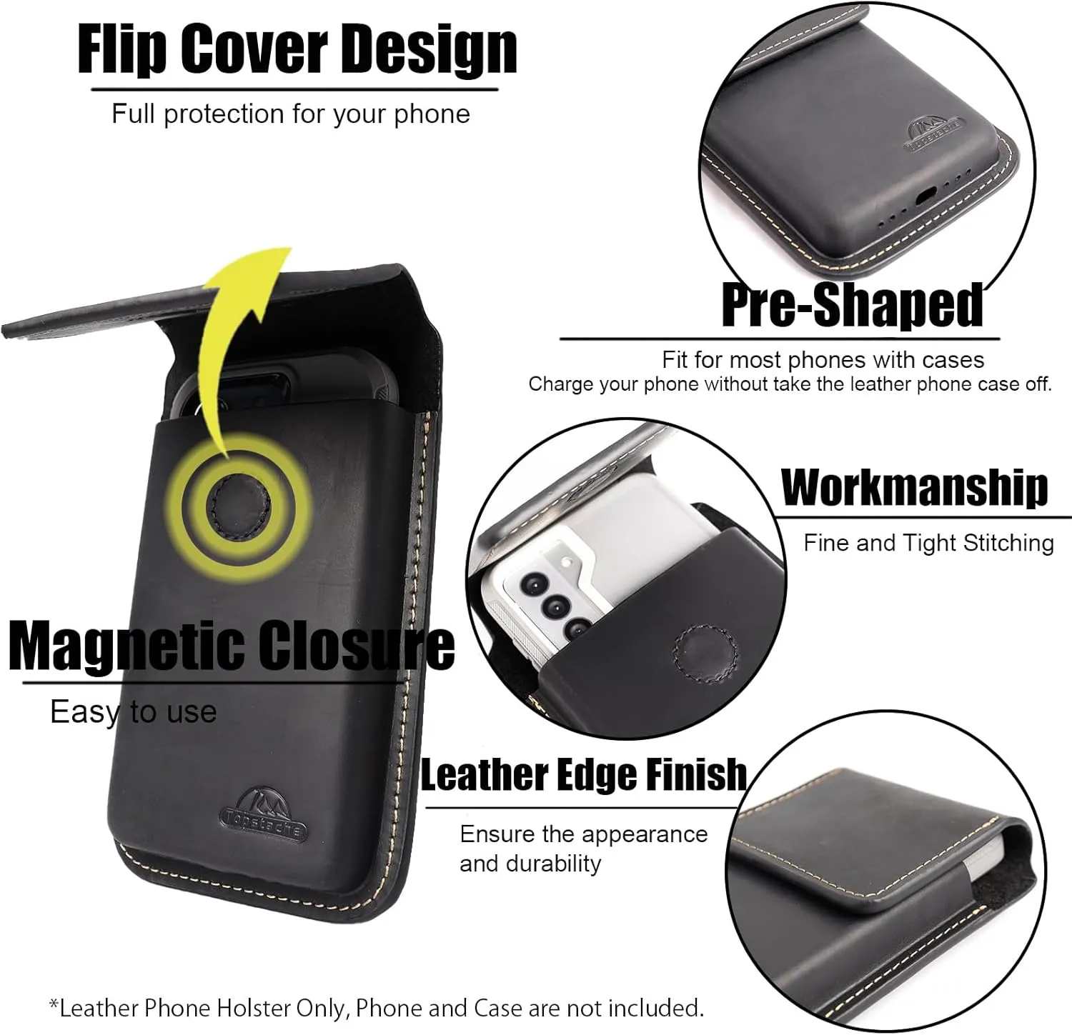 Topstache Leather Phone Holster with Belt Clip,Flip Cell Phone Pouch for iPhone 14/13 Pro,S23,S22,Note 10 Belt Clip Phone Case,Universal Smartphone Sheath,L,Black