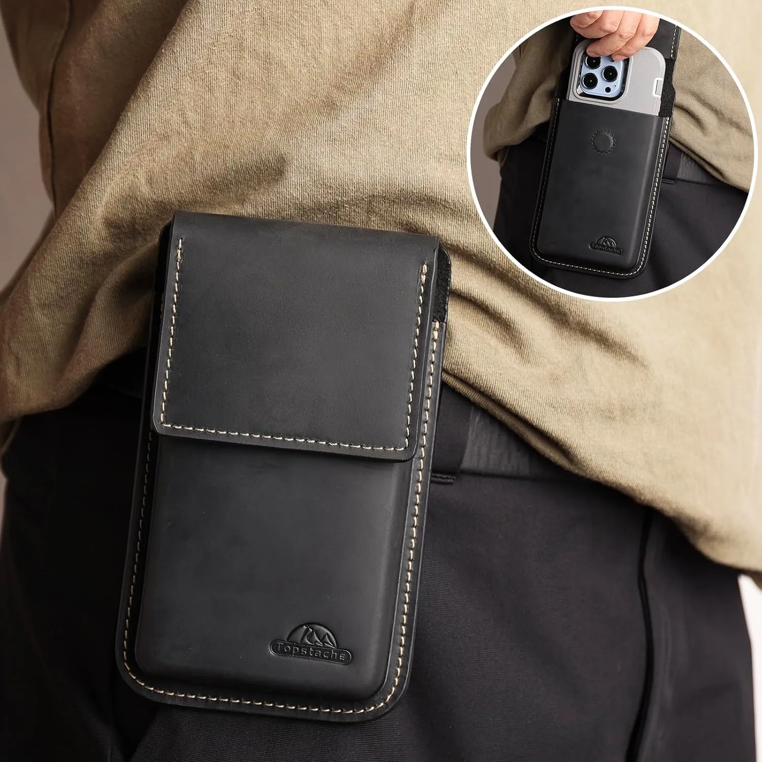 Topstache Leather Phone Holster with Belt Clip,Flip Cell Phone Pouch for iPhone 14/13 Pro,S23,S22,Note 10 Belt Clip Phone Case,Universal Smartphone Sheath,L,Black