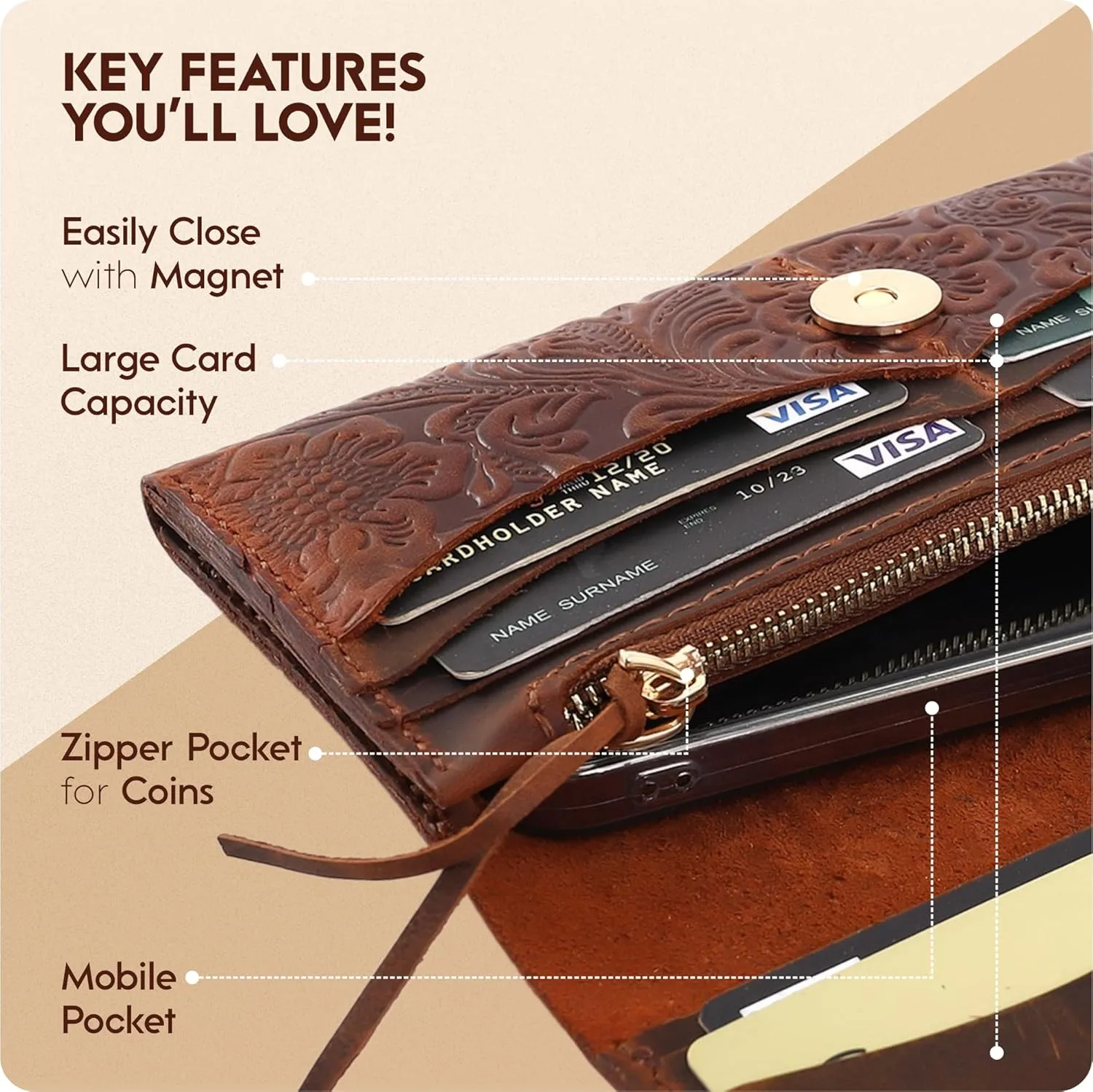 Toros Craft Handmade Western Wallets for Women, Genuine Tooled Leather & Long Credit Card Holder, Cowhide Slim Cell Phone Case, Large Capacity, Cute Clutch & Purse & Handbag