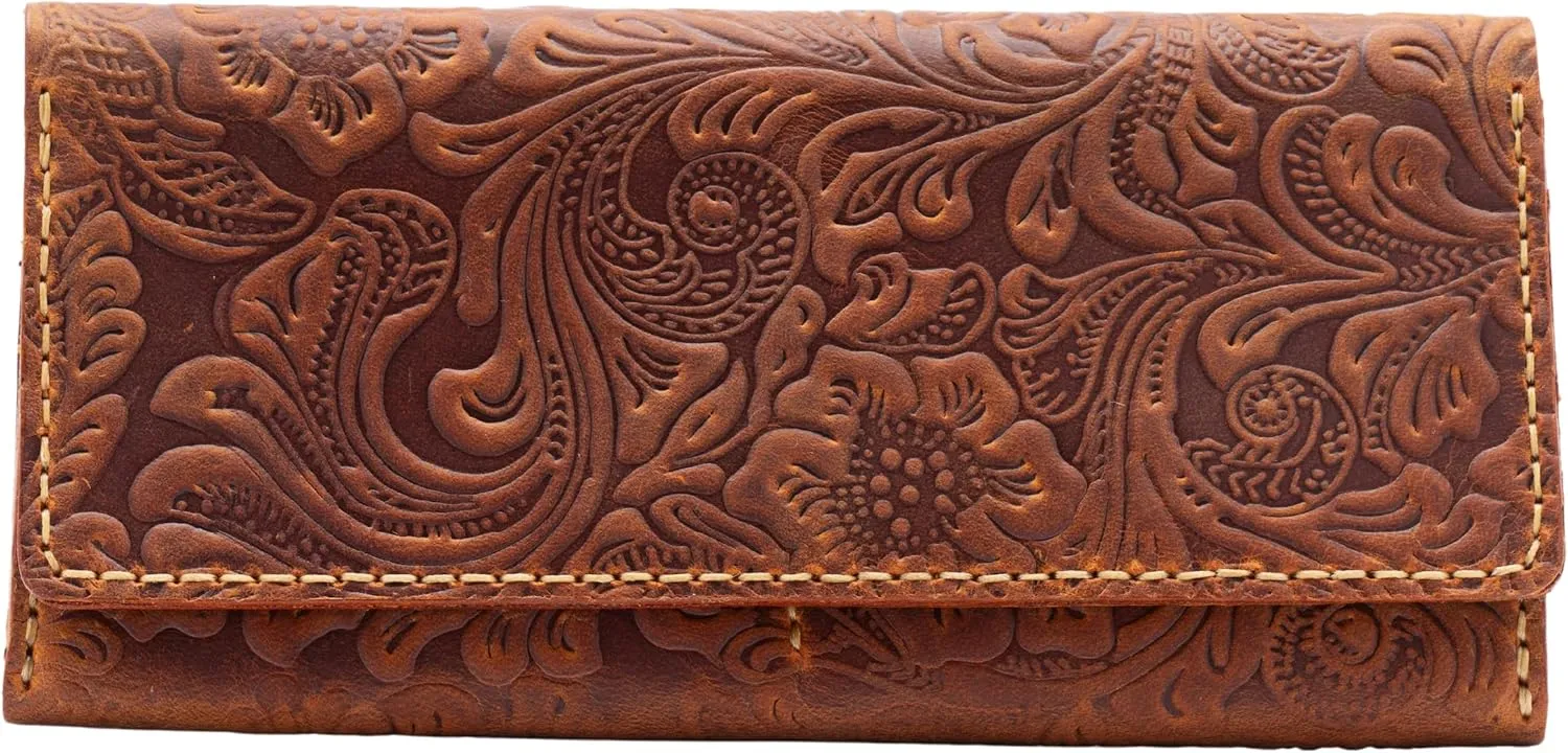 Toros Craft Handmade Western Wallets for Women, Genuine Tooled Leather & Long Credit Card Holder, Cowhide Slim Cell Phone Case, Large Capacity, Cute Clutch & Purse & Handbag