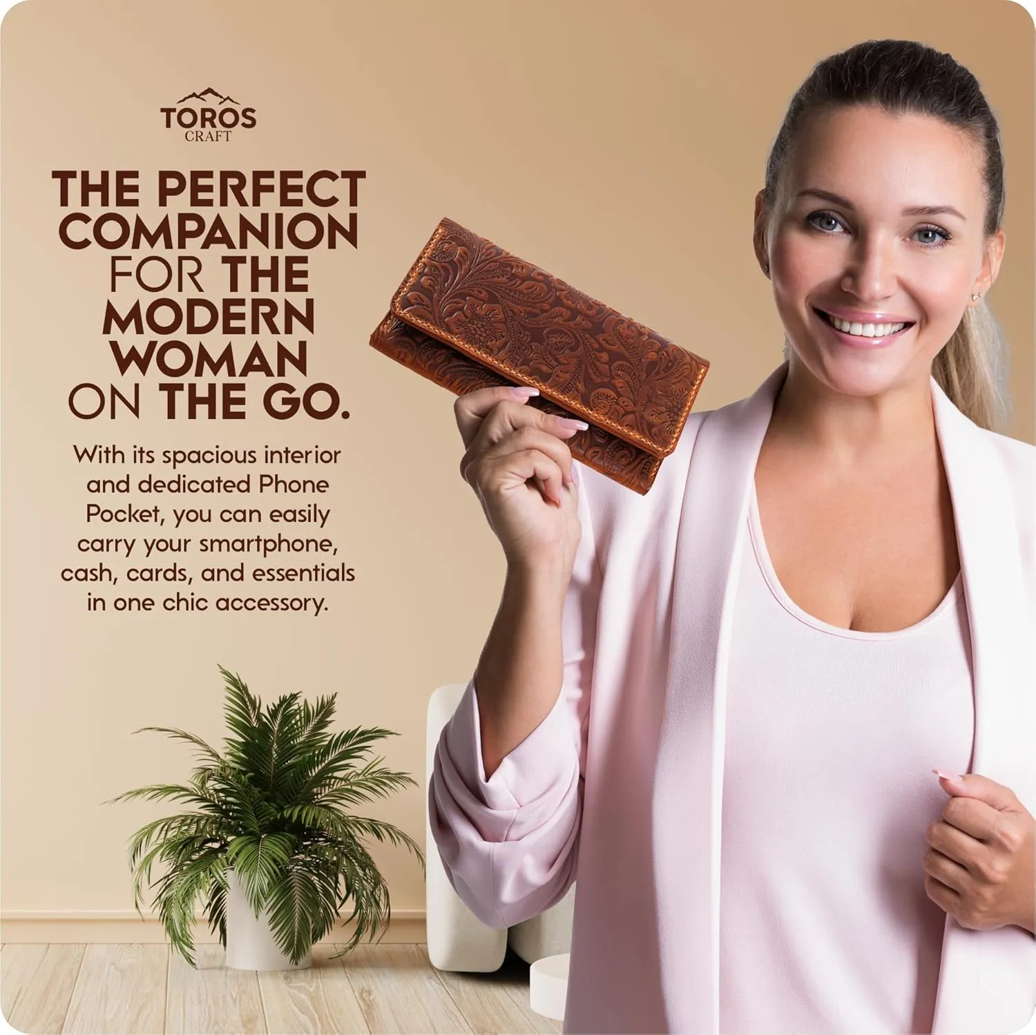 Toros Craft Handmade Western Wallets for Women, Genuine Tooled Leather & Long Credit Card Holder, Cowhide Slim Cell Phone Case, Large Capacity, Cute Clutch & Purse & Handbag