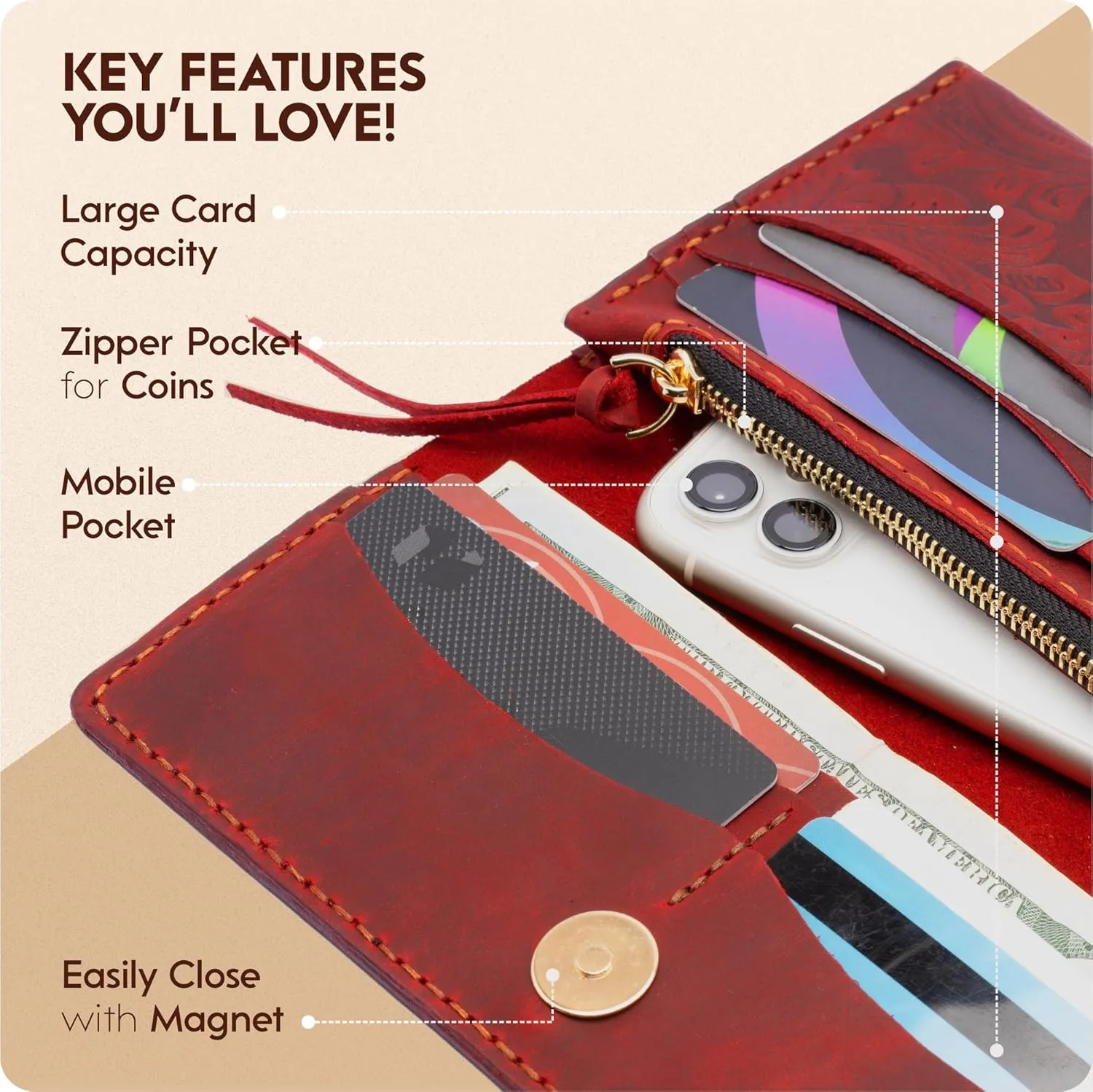 Toros Craft Handmade Western Wallets for Women, Genuine Tooled Leather & Long Credit Card Holder, Cowhide Slim Cell Phone Case, Large Capacity, Cute Clutch & Purse & Handbag