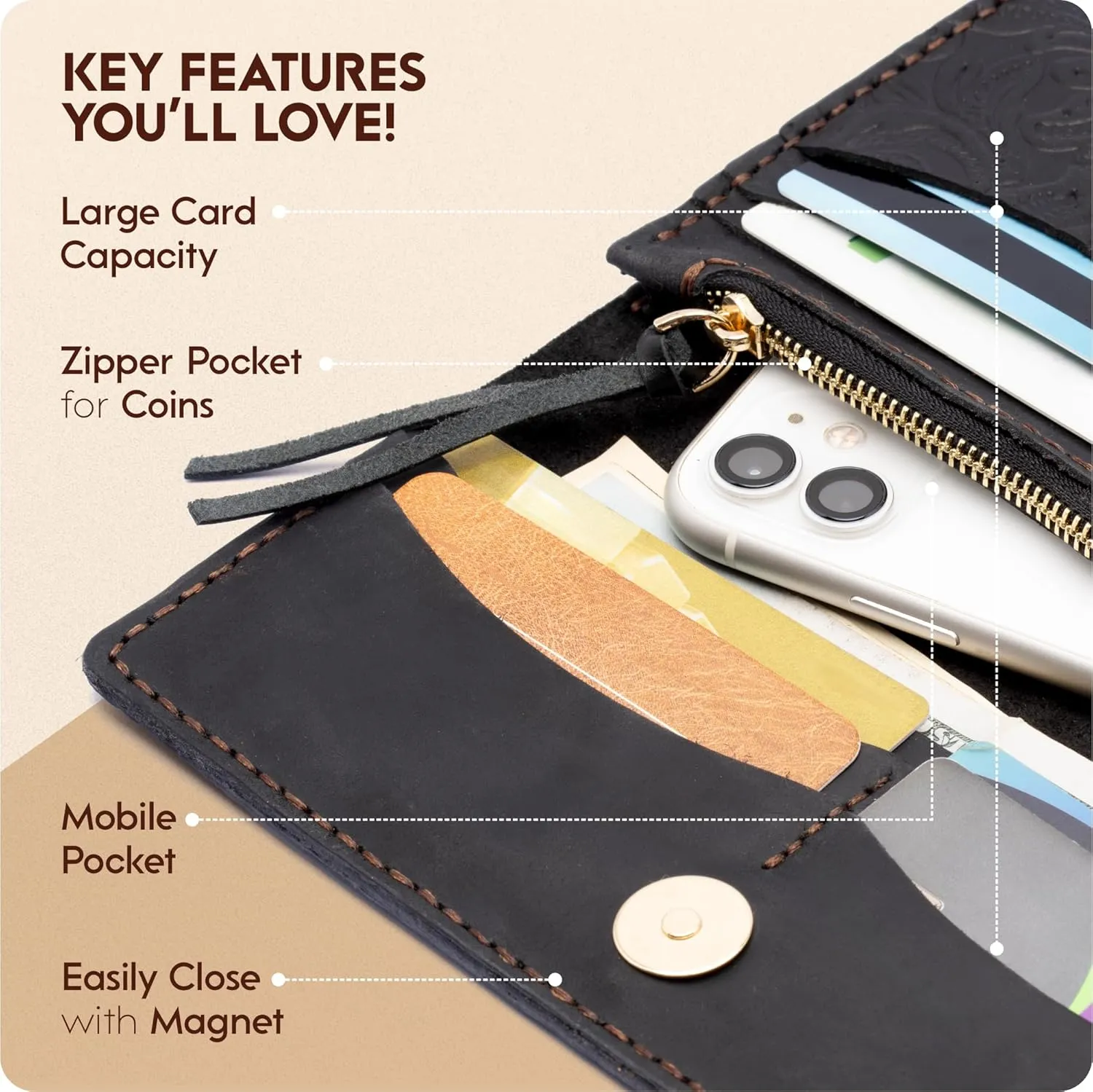 Toros Craft Handmade Western Wallets for Women, Genuine Tooled Leather & Long Credit Card Holder, Cowhide Slim Cell Phone Case, Large Capacity, Cute Clutch & Purse & Handbag