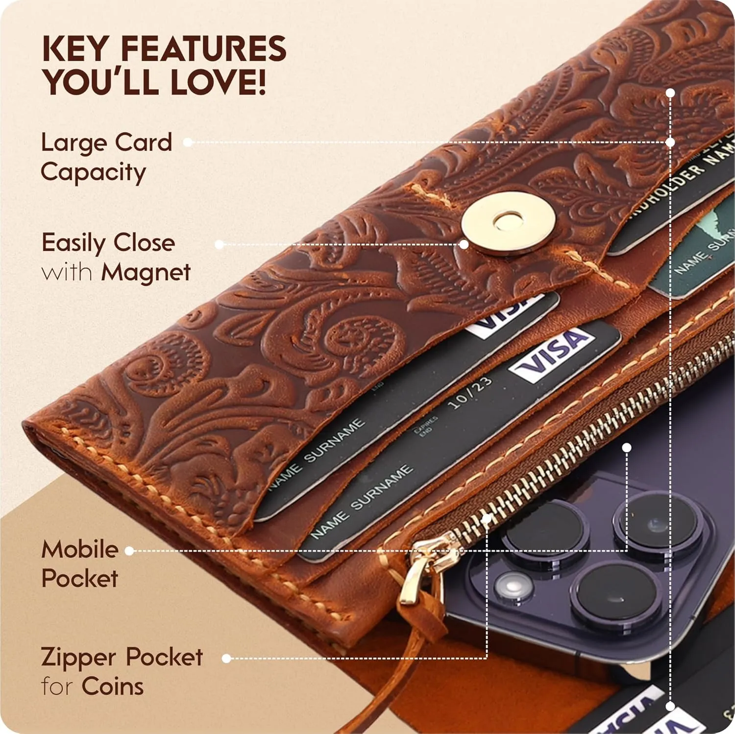 Toros Craft Handmade Western Wallets for Women, Genuine Tooled Leather & Long Credit Card Holder, Cowhide Slim Cell Phone Case, Large Capacity, Cute Clutch & Purse & Handbag