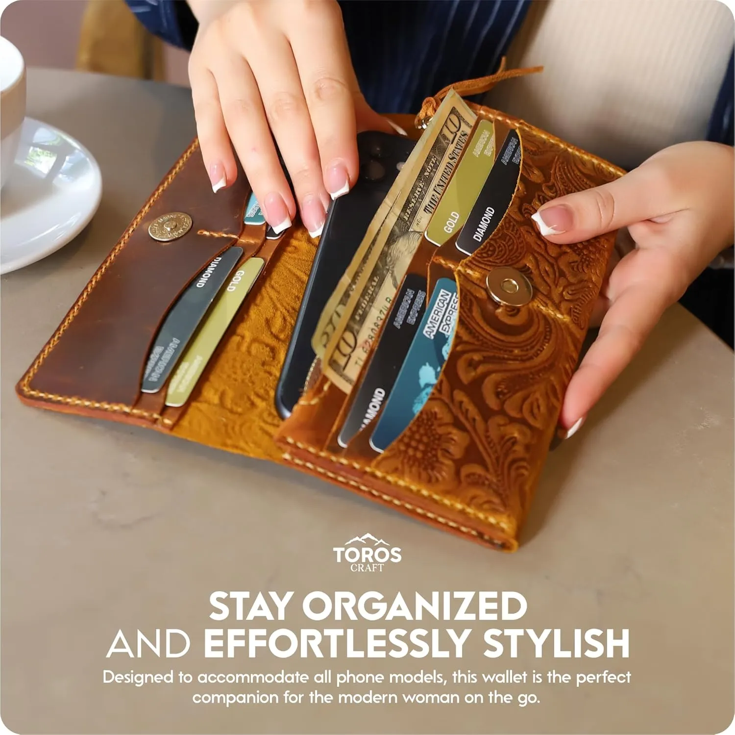 Toros Craft Handmade Western Wallets for Women, Genuine Tooled Leather & Long Credit Card Holder, Cowhide Slim Cell Phone Case, Large Capacity, Cute Clutch & Purse & Handbag