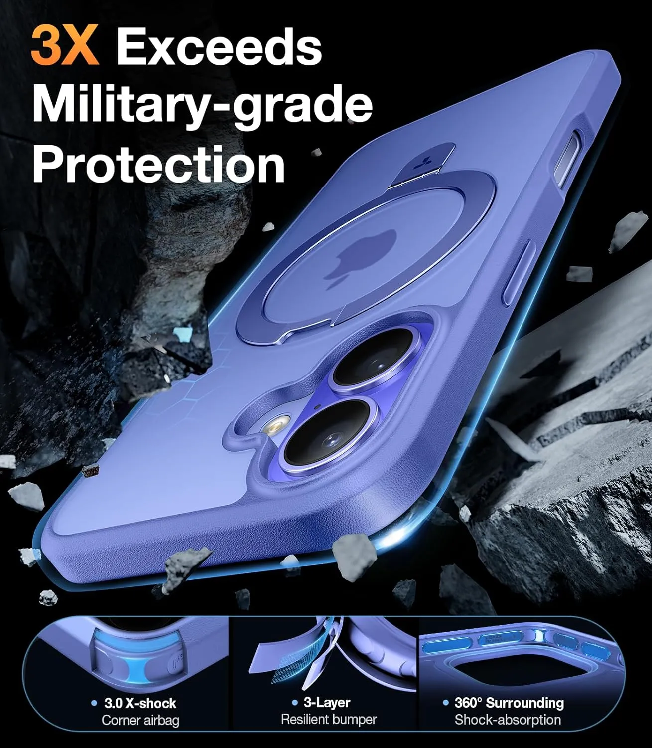 TORRAS Magnetic for iPhone 16 Case with Stand, Built-in Stand Compatible with MagSafe, 3X Military-Grade Protection, Translucent Slim Phone Case for iPhone 16 6.1'', Matte Blue