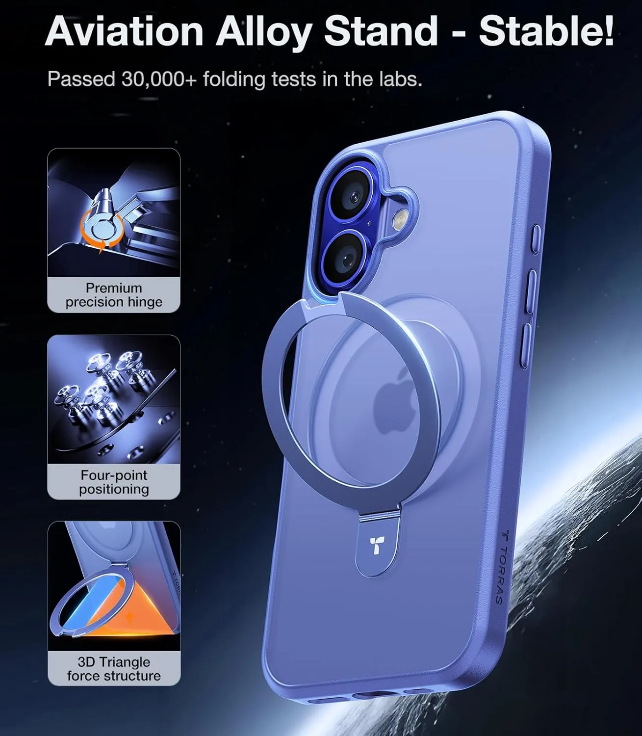 TORRAS Magnetic for iPhone 16 Case with Stand, Built-in Stand Compatible with MagSafe, 3X Military-Grade Protection, Translucent Slim Phone Case for iPhone 16 6.1'', Matte Blue