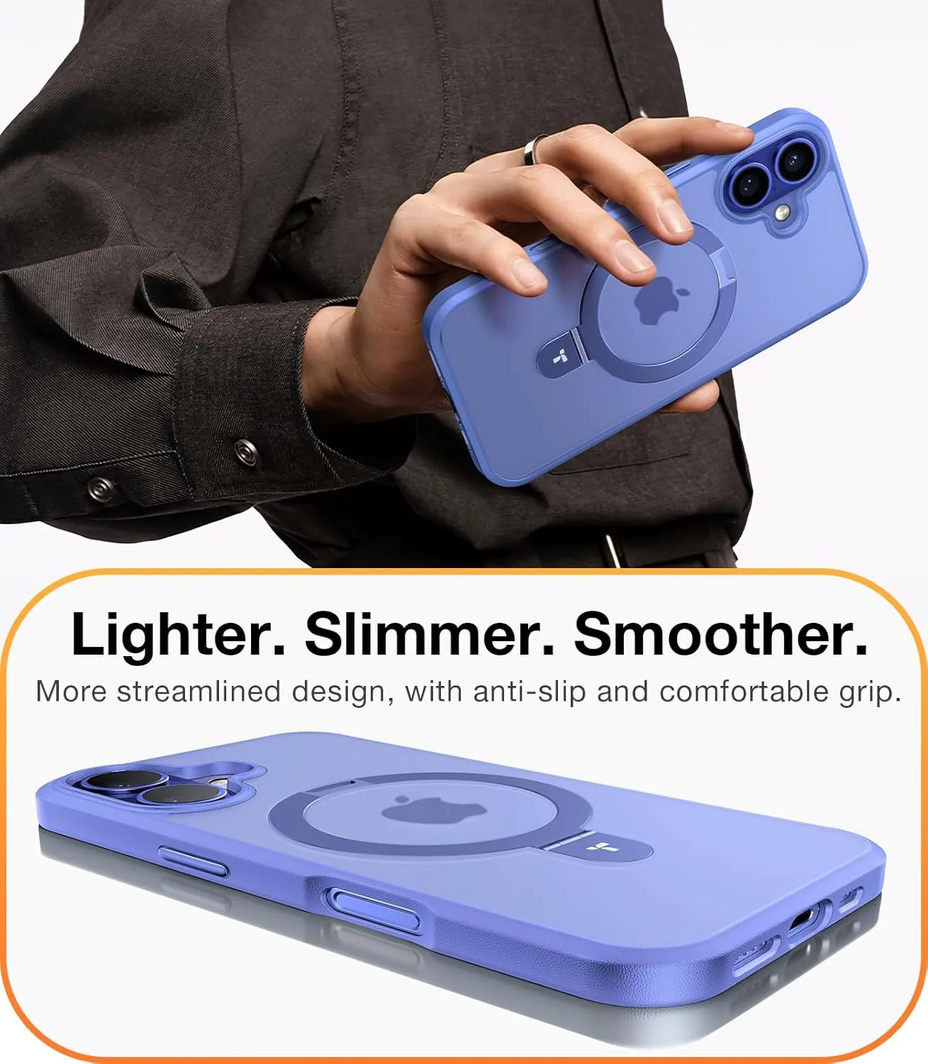 TORRAS Magnetic for iPhone 16 Case with Stand, Built-in Stand Compatible with MagSafe, 3X Military-Grade Protection, Translucent Slim Phone Case for iPhone 16 6.1'', Matte Blue