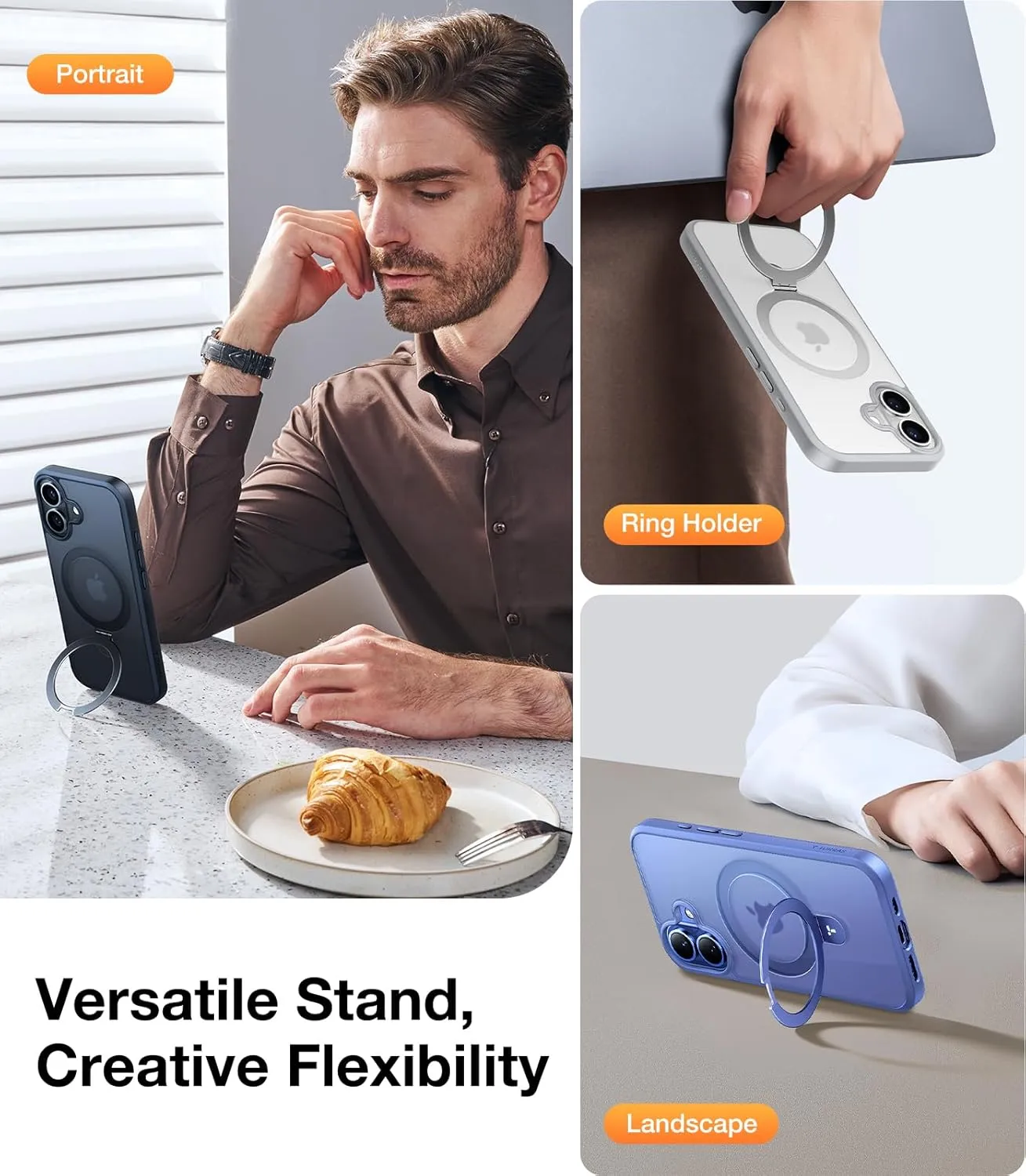 TORRAS Magnetic for iPhone 16 Case with Stand, Built-in Stand Compatible with MagSafe, 3X Military-Grade Protection, Translucent Slim Phone Case for iPhone 16 6.1'', Matte Blue