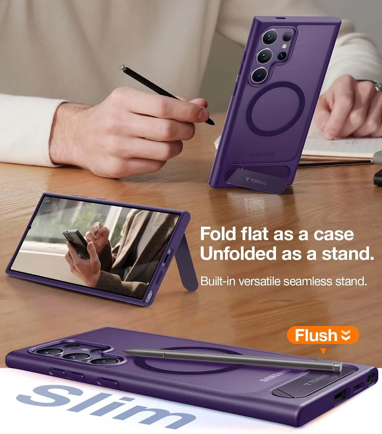 TORRAS Strong Magnetic & Seamless Stand for Samsung Galaxy S24 Ultra Case, Fit for MagSafe, Mil-Grade Drop Protection, Adjustable Kickstand for Samsung Galaxy S24 Ultra Case, Translucent Deep Purple