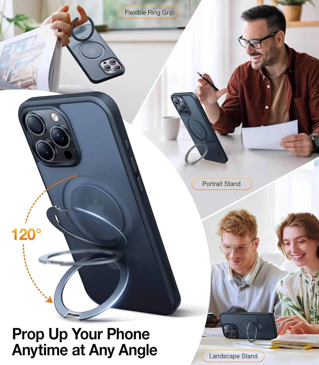 TORRAS Ultra-Magnetic Ostand for iPhone 16 Pro Case, [Compatible with MagSafe] [Flexible Stable Stand] Military-Grade Protection Translucent Slim Anti-Scratch Ring Kickstand, Frosted Black 6.3"