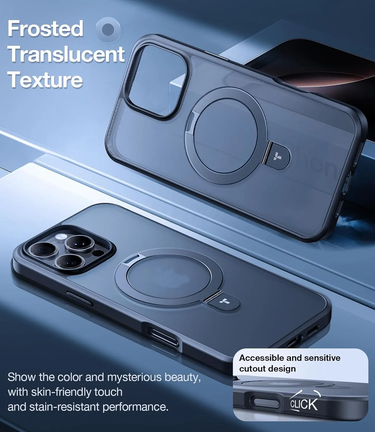 TORRAS Ultra-Magnetic Ostand for iPhone 16 Pro Case, [Compatible with MagSafe] [Flexible Stable Stand] Military-Grade Protection Translucent Slim Anti-Scratch Ring Kickstand, Frosted Black 6.3"