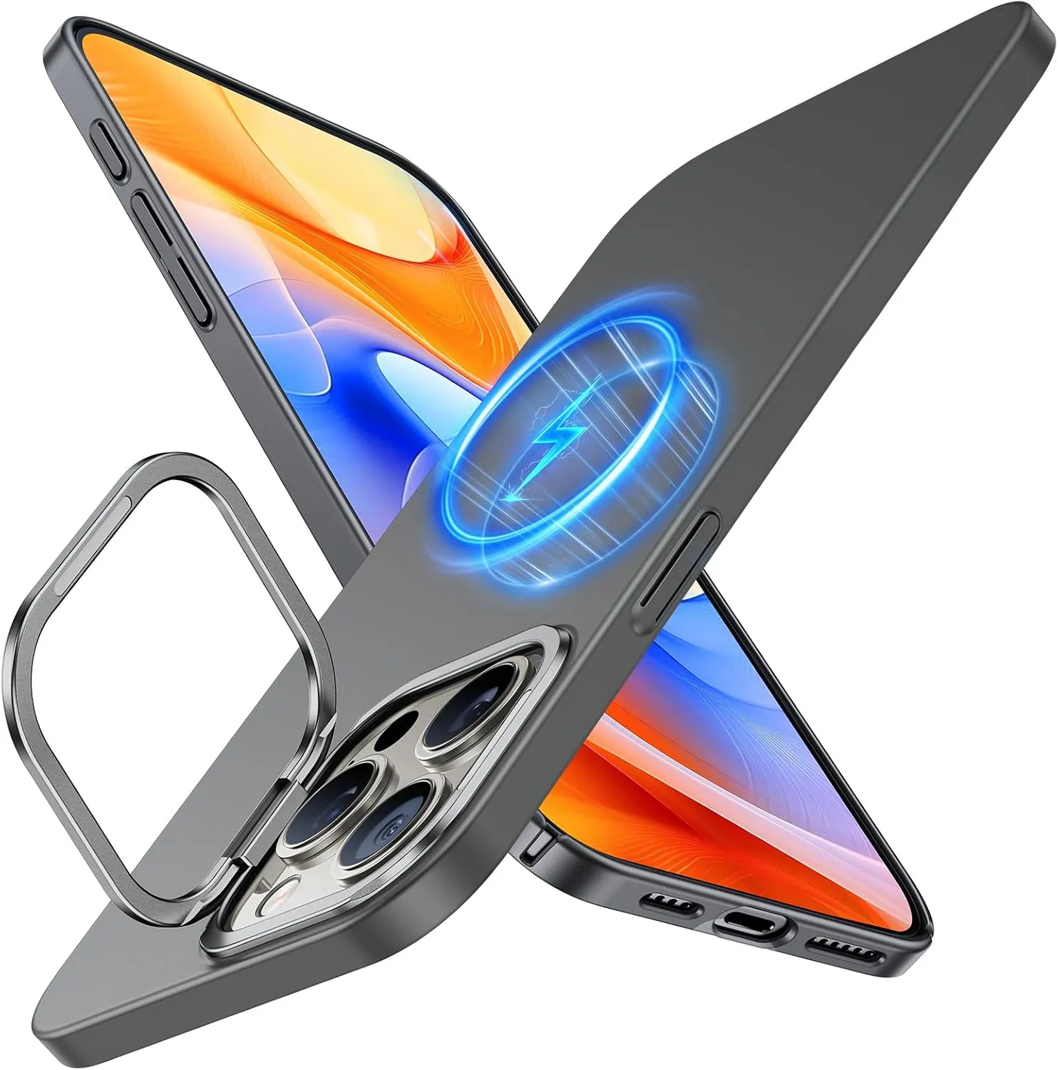 TORRAS Upgraded Magnetic Slim Fit for iPhone 15 Pro Max Case with Stand, Ultra-Thin 15 ProMax Phone Case Compatible with MagSafe, Built-in Stash Stand, Light Anti-Scratch Matte Hard PC 6.7 inch, Grey