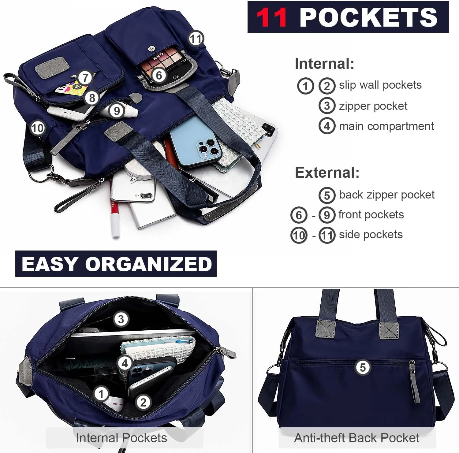 Tote Bag for Women,Multi Pockets Shoulder Handbag,Nurse Bag for Work,Large Cross body Purse,Fashion Nylon Top Handle Satchel