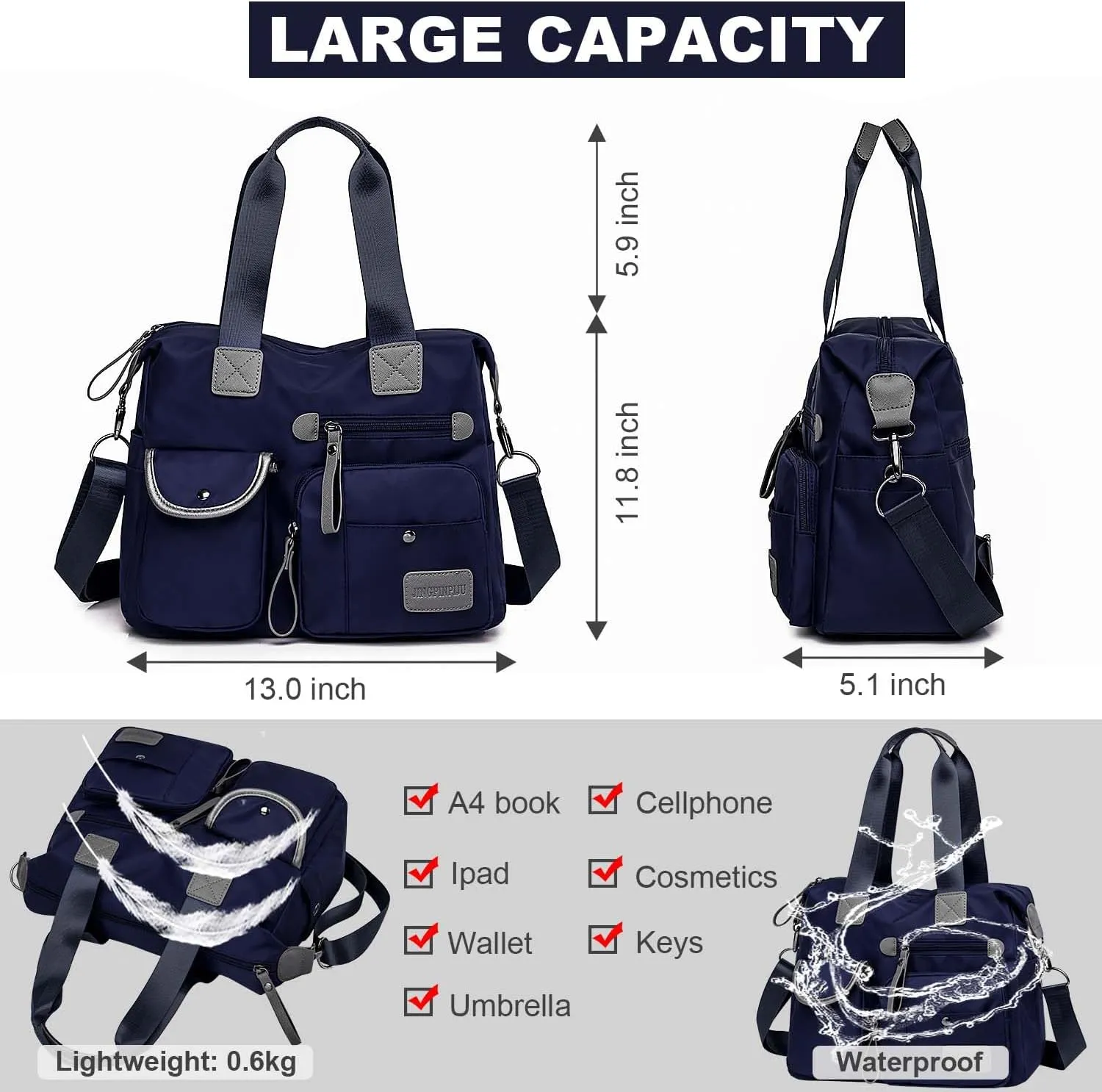 Tote Bag for Women,Multi Pockets Shoulder Handbag,Nurse Bag for Work,Large Cross body Purse,Fashion Nylon Top Handle Satchel