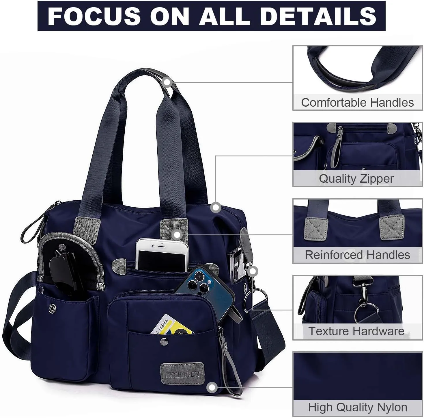 Tote Bag for Women,Multi Pockets Shoulder Handbag,Nurse Bag for Work,Large Cross body Purse,Fashion Nylon Top Handle Satchel