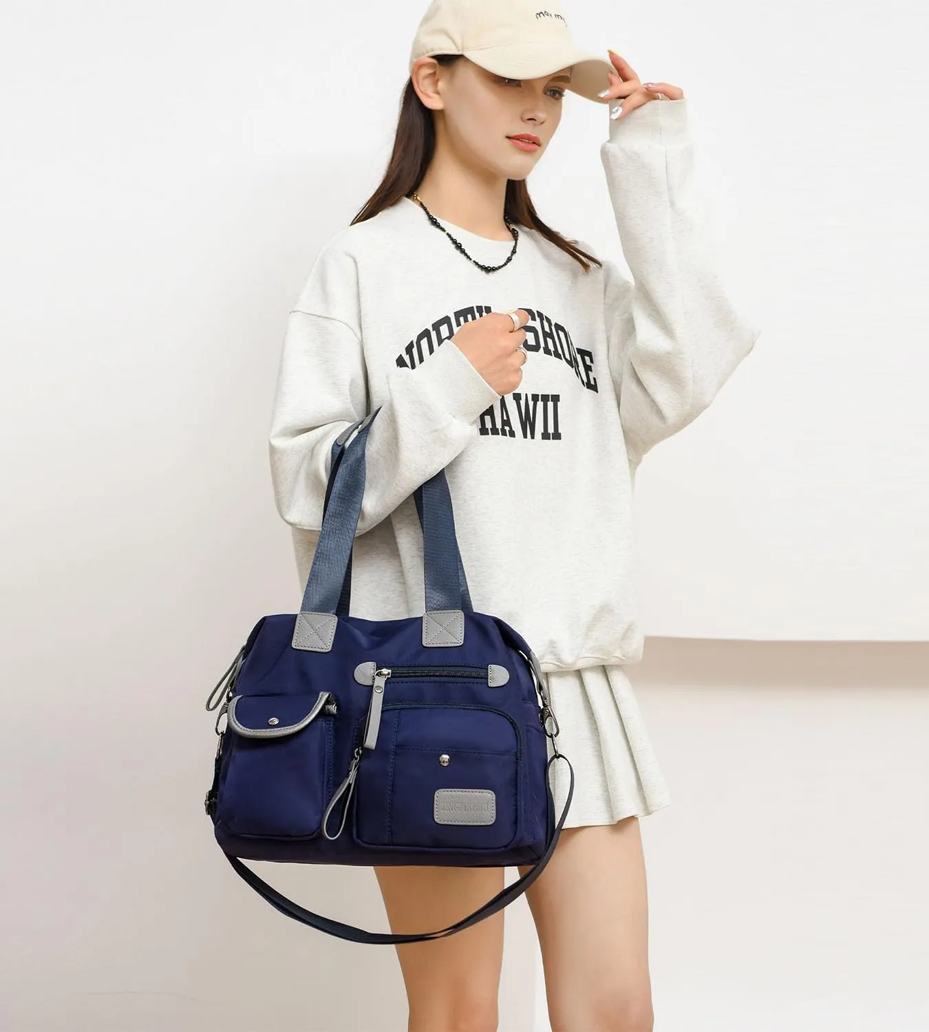 Tote Bag for Women,Multi Pockets Shoulder Handbag,Nurse Bag for Work,Large Cross body Purse,Fashion Nylon Top Handle Satchel