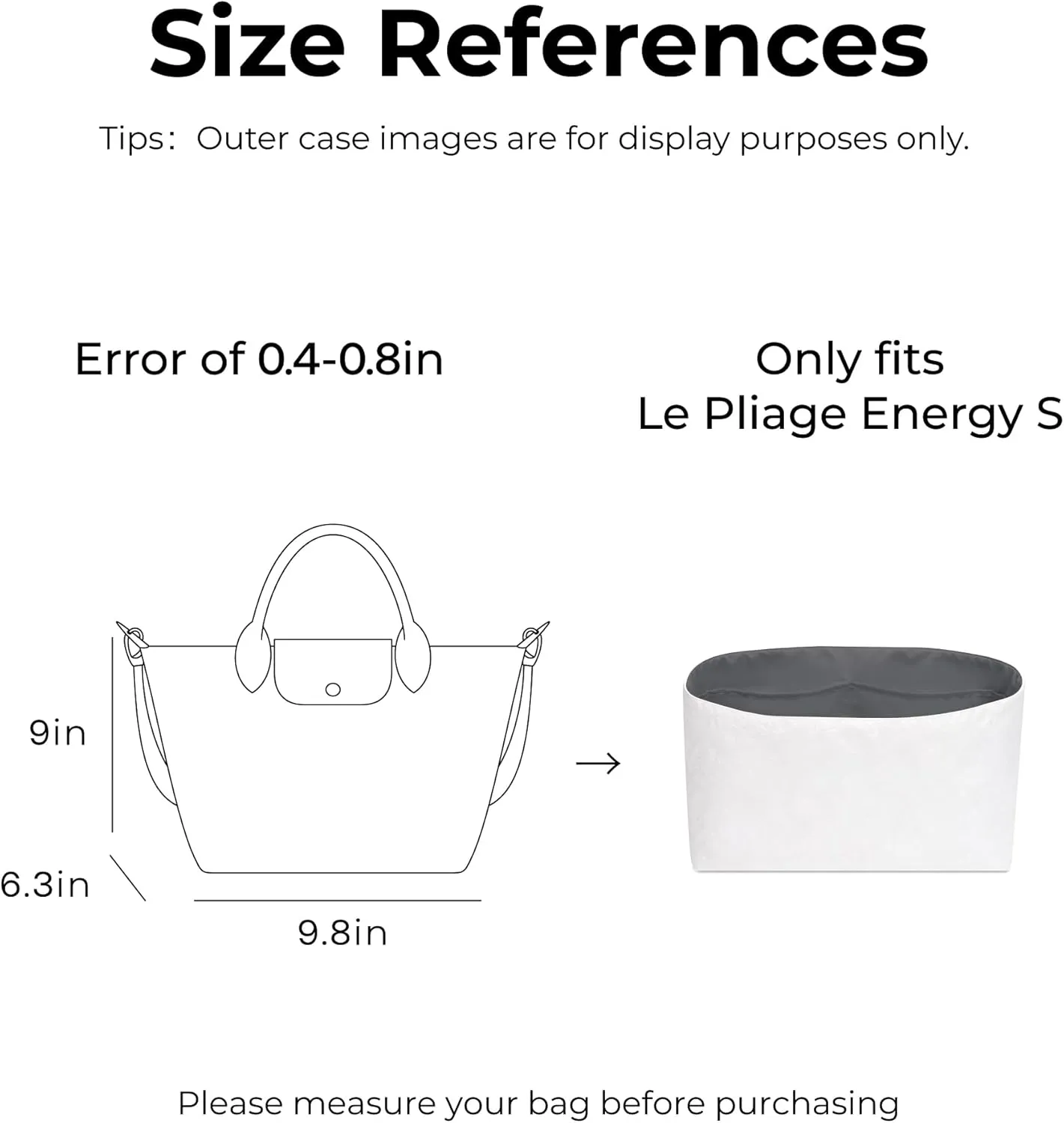 Tote Bag Organizer Insert for Le Pliage Energy S Handbag, Custom Fit Inside Premium Slate Gray Lightweight WaterResistant Purse Insert with Cup Holder Accessories