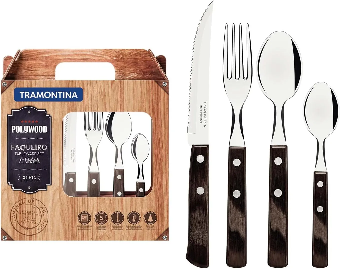 Tramontina Cutlery Set with Steak Knives, 24 Piece Sharp Knife, Forks, Teaspoons, Tablespoons with Wooden Handles, ‎Camping, Kitchen, Rustic, Dishwasher Safe, 21199905