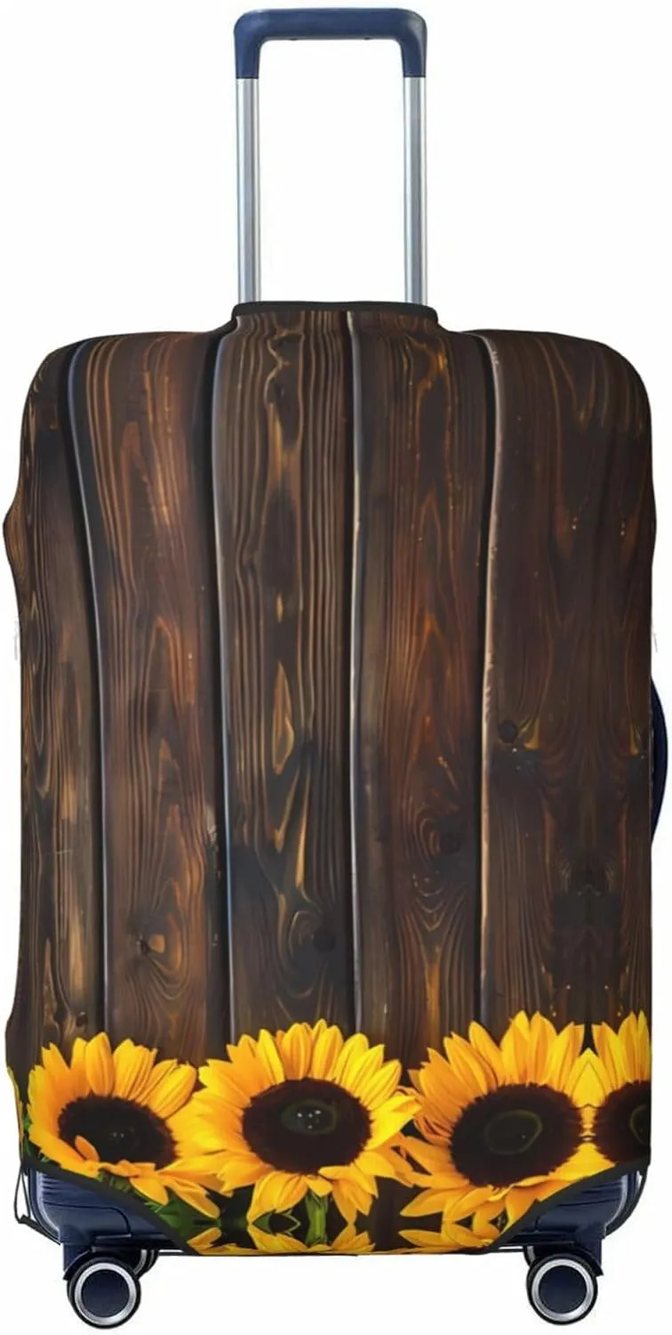 Travel Luggage Cover Suitcase Elastic Washable Stretch Sunflowers On Wooden Board Suitcase Protector Bag,Anti-Scratch Spandex Double-Sided Baggage Covers For Wheeled Suitcase Kid Adult