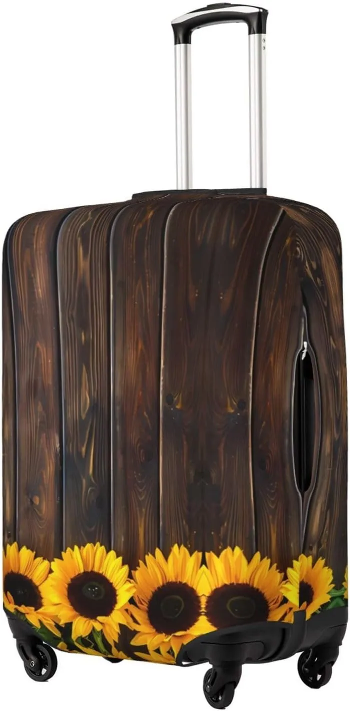 Travel Luggage Cover Suitcase Elastic Washable Stretch Sunflowers On Wooden Board Suitcase Protector Bag,Anti-Scratch Spandex Double-Sided Baggage Covers For Wheeled Suitcase Kid Adult