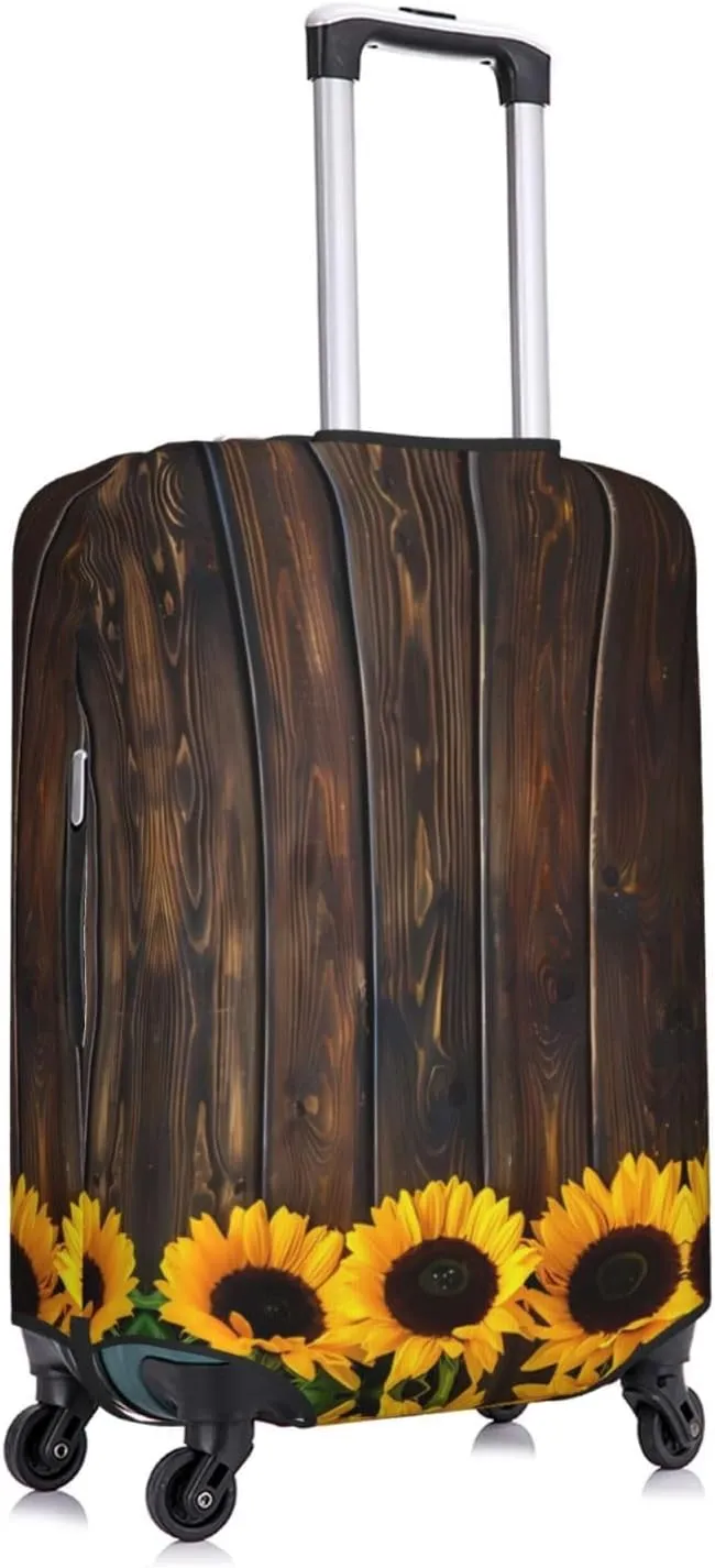 Travel Luggage Cover Suitcase Elastic Washable Stretch Sunflowers On Wooden Board Suitcase Protector Bag,Anti-Scratch Spandex Double-Sided Baggage Covers For Wheeled Suitcase Kid Adult