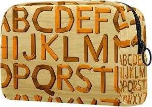 Travel Makeup Bag for Women, Alphabet Characters From a To Z in Wooden Pattern Travel Cosmetic Bag Pencil Case Portable Makeup Pouch Toiletry Bag for Girls