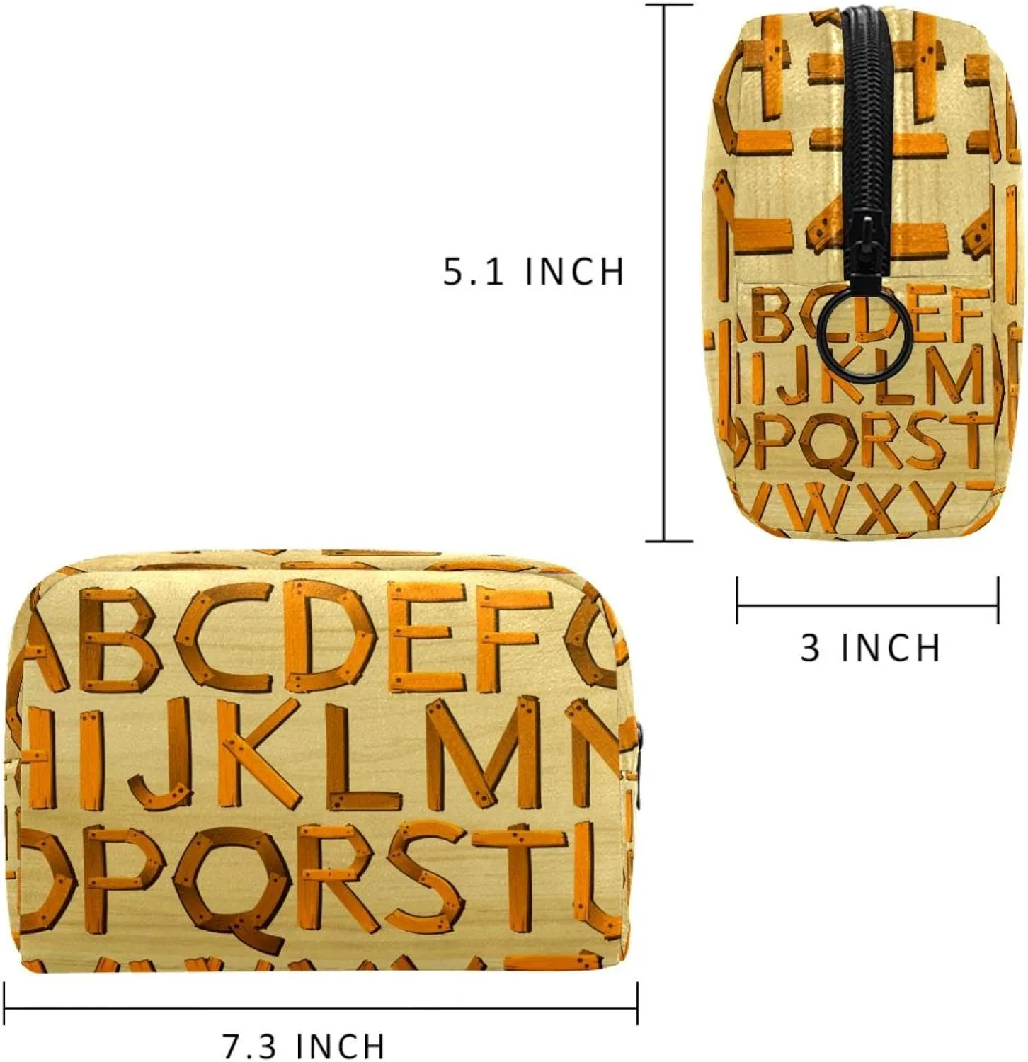 Travel Makeup Bag for Women, Alphabet Characters From a To Z in Wooden Pattern Travel Cosmetic Bag Pencil Case Portable Makeup Pouch Toiletry Bag for Girls