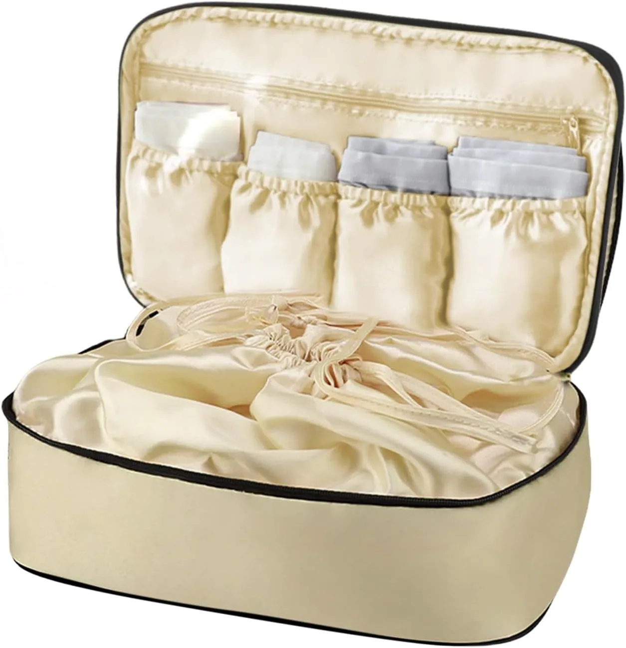 Travel Underwear Organizer Bag Satin Drawstring Bags Pack Cube Storage Pouch Lingerie Bra Socks Bag Toiletry Bag,Cream 7#